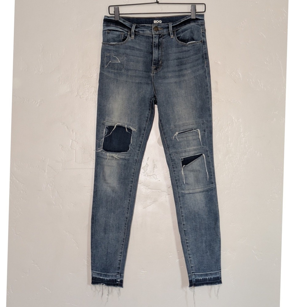 BDG High Rise Twig Ankle Jeans‎ 28x29 Blue Distressed Raw Hem Skinny Patch